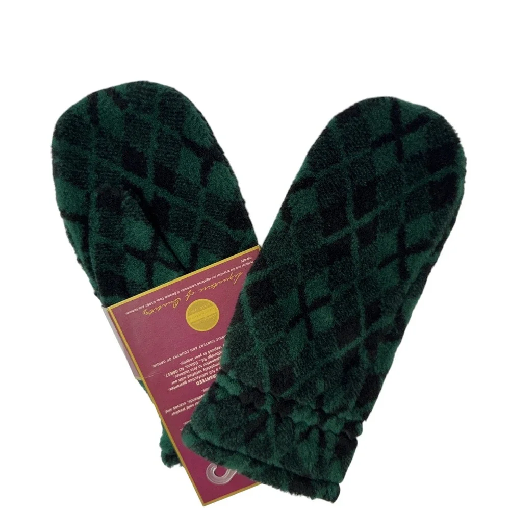 Isotoner Fleece Mittens One Size Evergreen Green Black Argyle Plush VTG 90s NEW - Picture 2 of 9